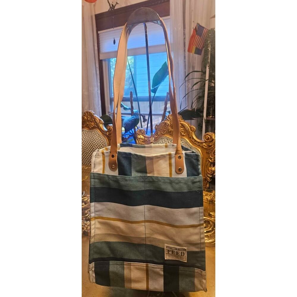 FEED Blue Coastal Striped Canvas Market Tote Bag